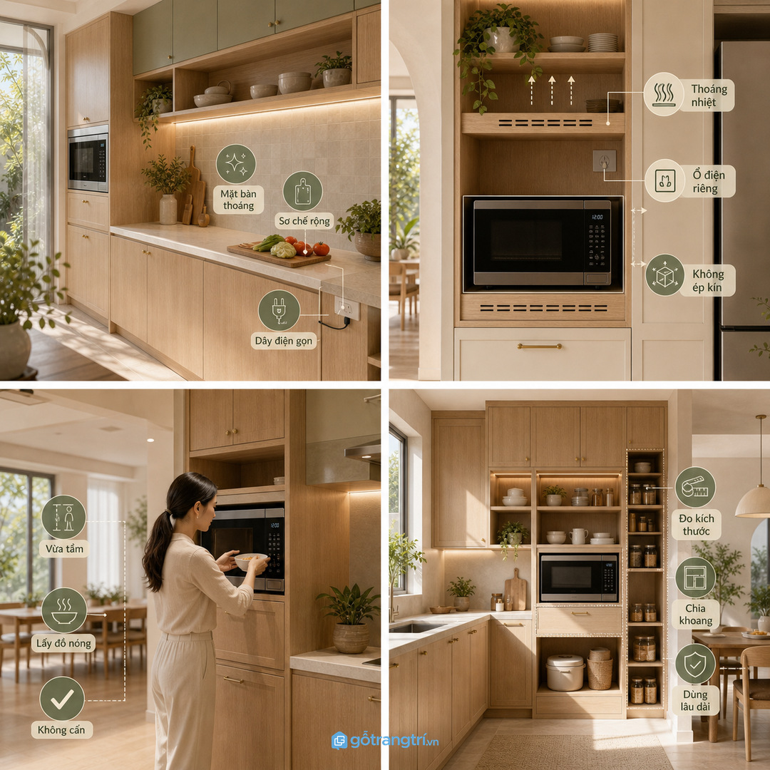 Tủ lò vi sóng âm tủ giúp bếp nhỏ gọn thiết bị và thoáng mặt bàn