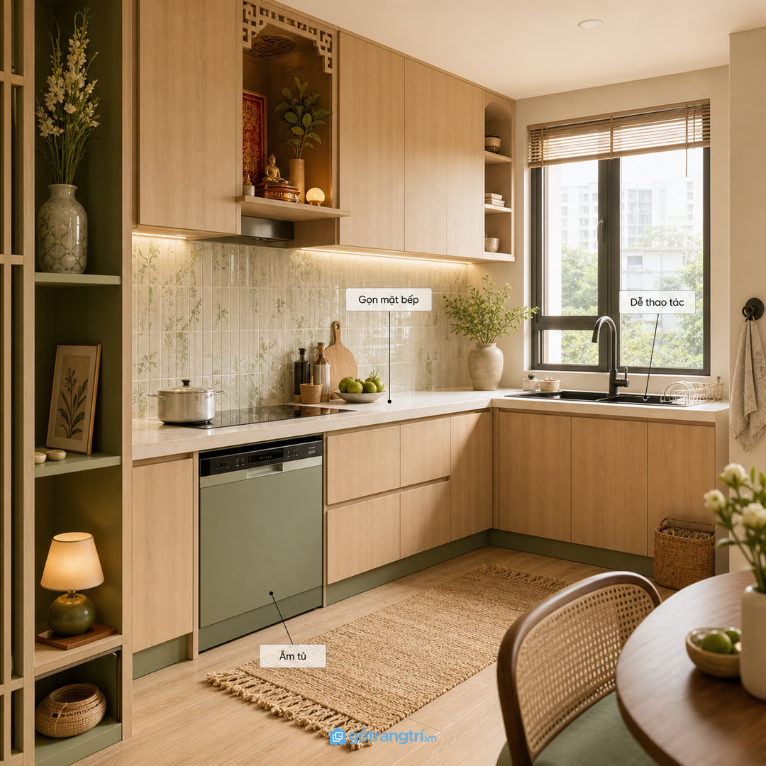 Máy rửa bát âm tủ giúp bếp nhỏ gọn khu rửa và sạch mặt bếp