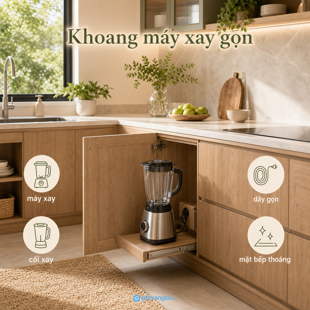 Đo máy xay, cối, dây điện và phụ kiện trước khi chia khoang tủ bếp
