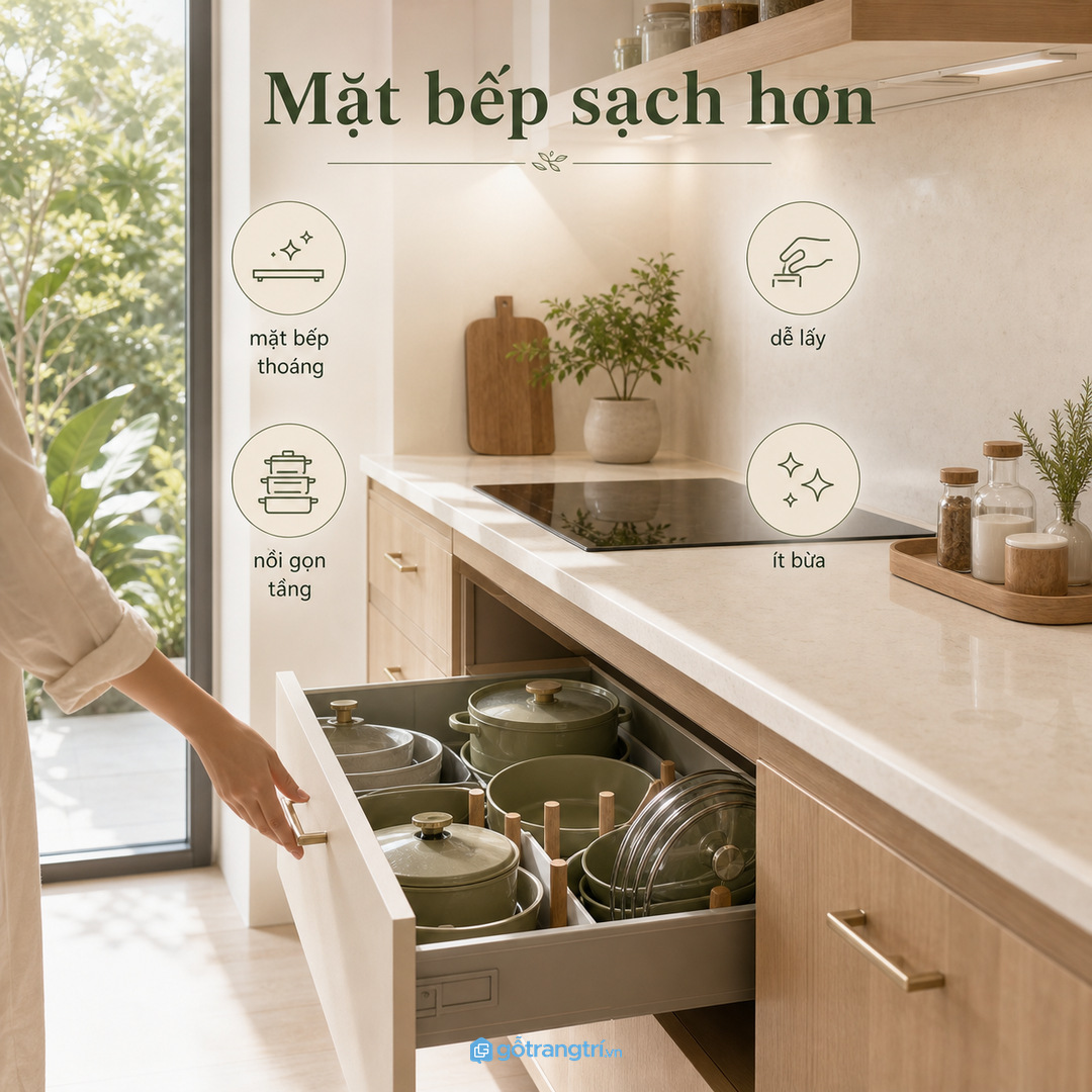 Ngăn kéo xoong nồi tủ bếp dưới giúp mặt bếp nhỏ sạch và thoáng hơn