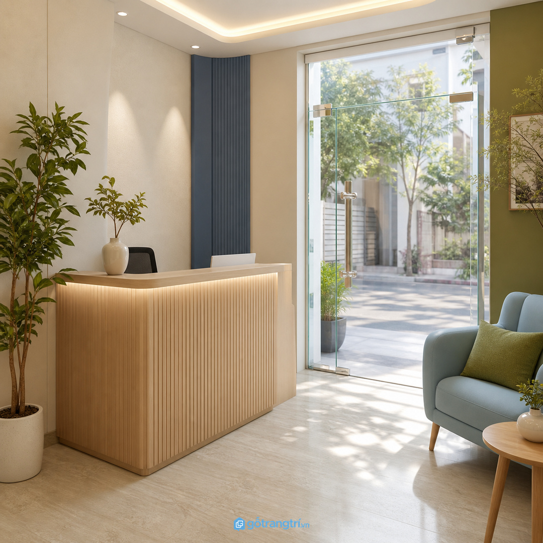 Quầy lễ tân mini giúp văn phòng nhỏ có điểm đón khách gọn và chuyên nghiệp ngay từ cửa vào