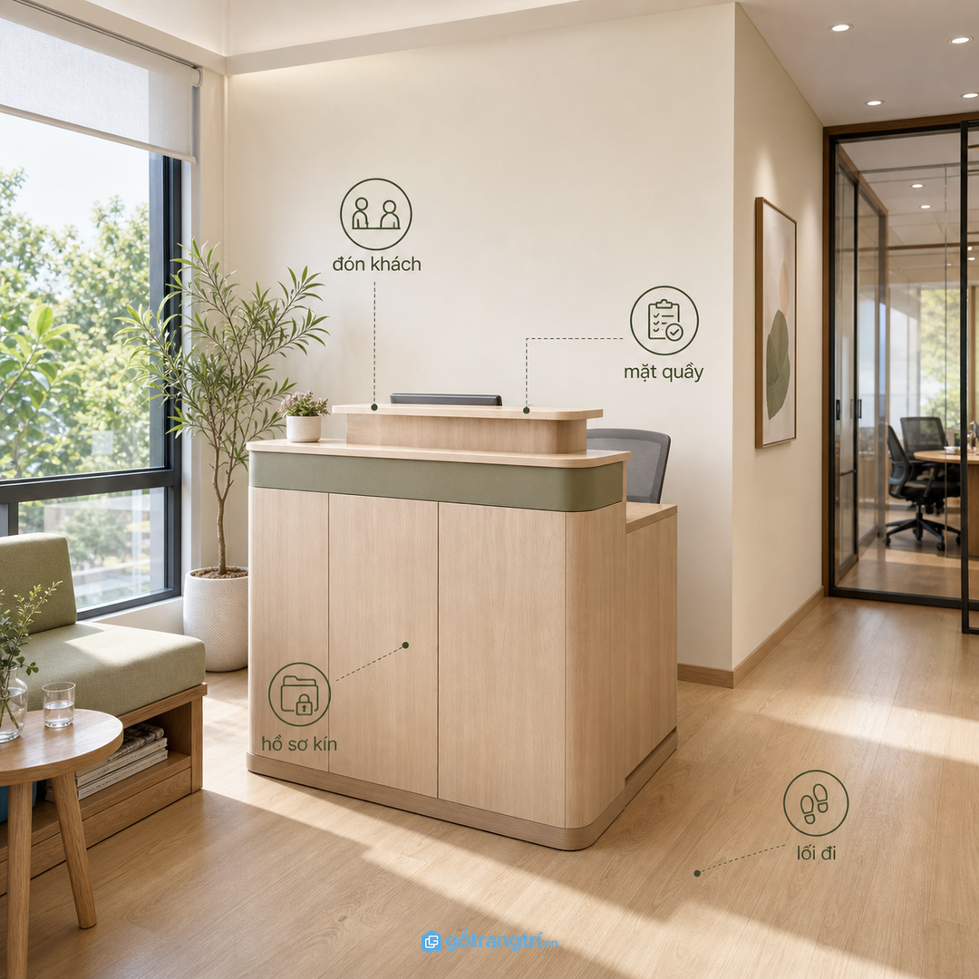 Quầy lễ tân nhỏ giúp văn phòng gọn mặt tiền và đón khách chuyên nghiệp hơn