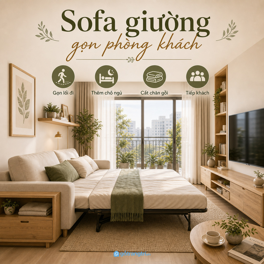 Sofa giường giúp phòng khách chung cư có thêm chỗ ngủ mà vẫn gọn