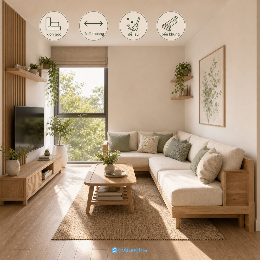 Sofa gỗ chữ L giúp phòng khách nhỏ gọn góc, thoáng lối đi và dễ vệ sinh hơn