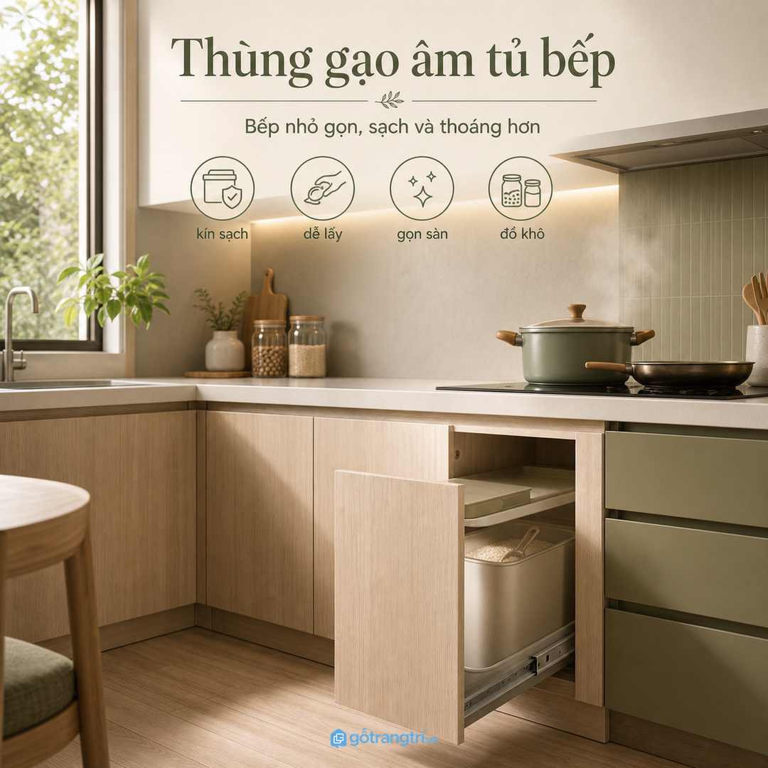Thùng gạo âm tủ bếp giúp bếp nhỏ gọn sàn, kín sạch và lấy gạo nhanh hơn
