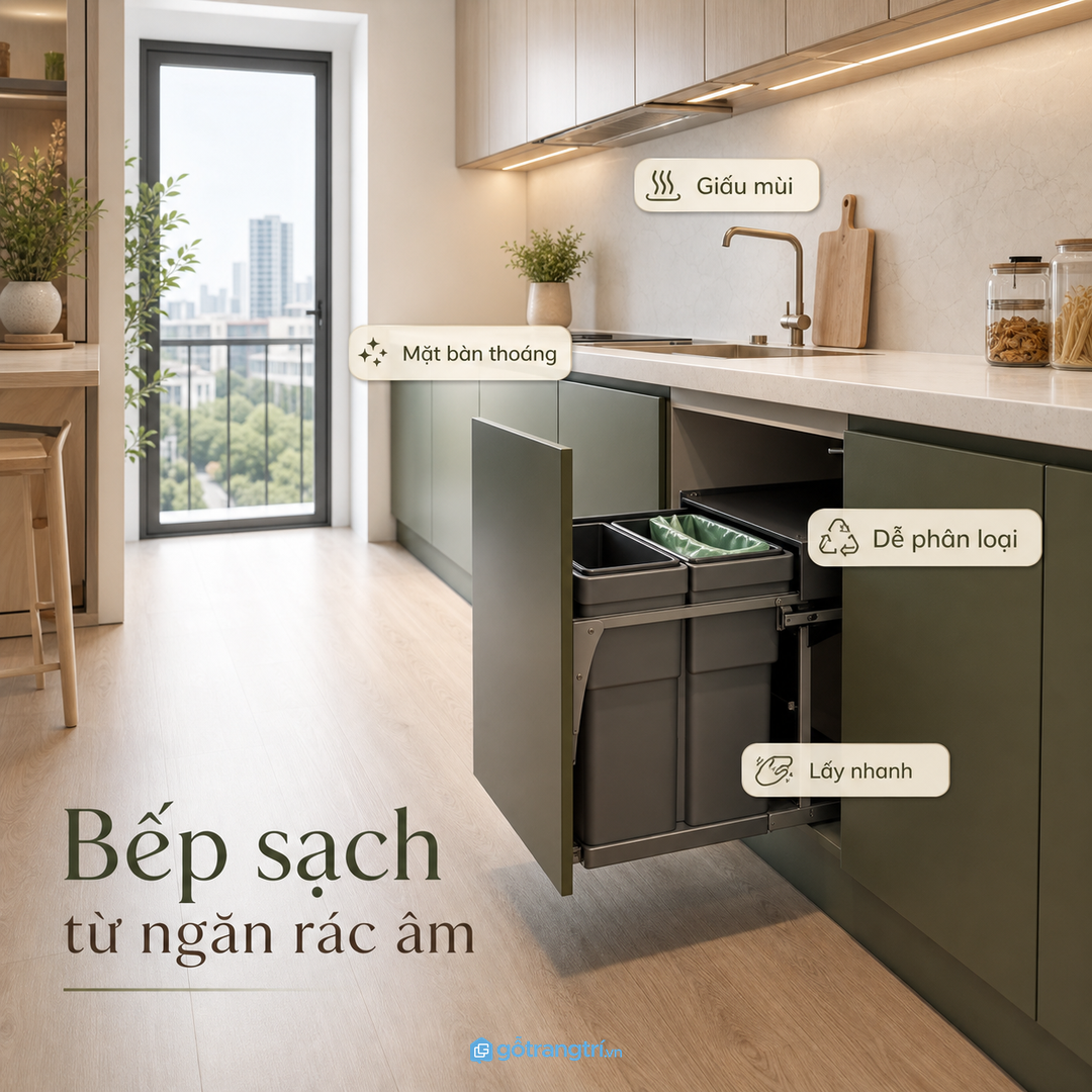 Thùng rác âm tủ bếp giúp bếp nhỏ sạch, kín mùi và gọn lối đi