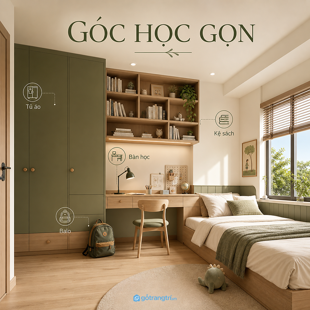 Góc học và tủ áo gọn trong cùng một mảng phòng ngủ trẻ em