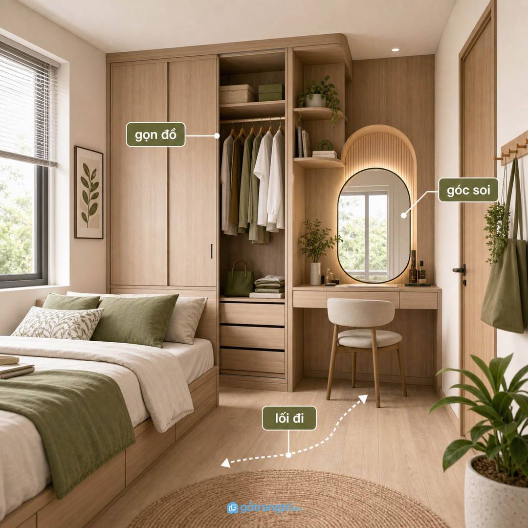 Tủ quần áo kết hợp bàn trang điểm giúp phòng ngủ nhỏ gọn hơn