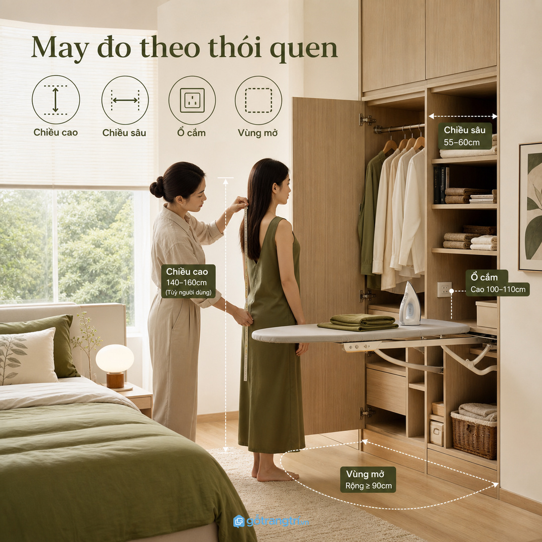 Tủ áo có bàn ủi gấp giúp phòng ngủ nhỏ gọn hơn mỗi sáng