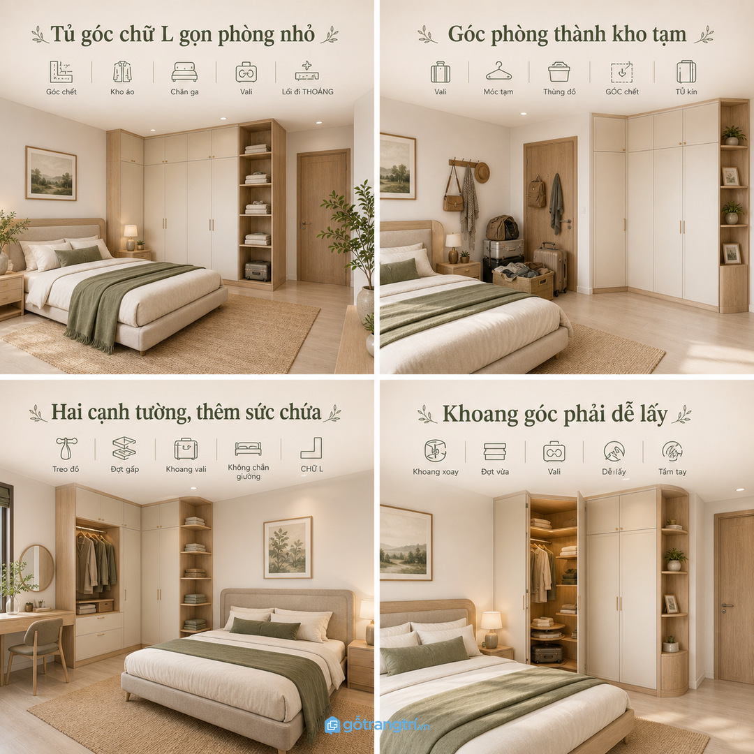 Tủ quần áo góc bo mềm giúp phòng ngủ nhỏ tận dụng góc chết và giữ lối đi thoáng