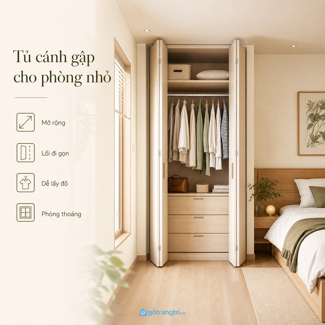 Tủ quần áo cánh gập giúp phòng ngủ nhỏ mở khoang rộng mà vẫn gọn lối đi
