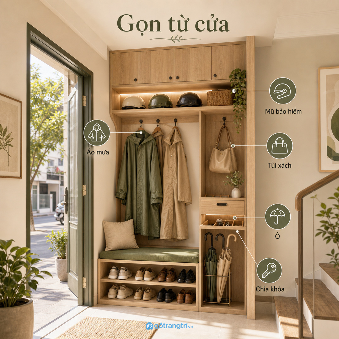 Tủ áo khoác lối vào giúp nhà phố nhỏ gọn ngay từ cửa