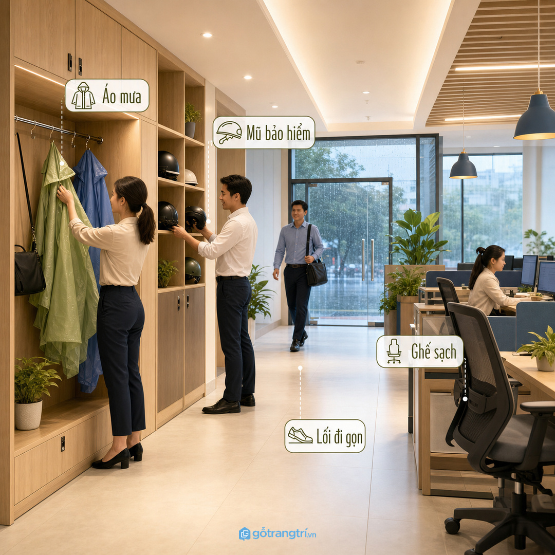 Tủ áo khoác nhân viên giúp văn phòng nhỏ gọn áo mưa và sạch ghế làm việc