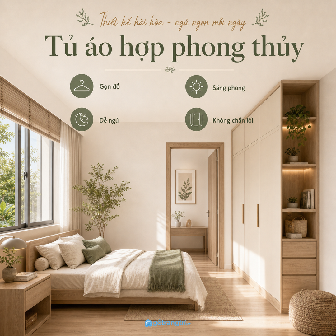 Tủ áo hợp phong thủy cho phòng ngủ nhỏ giúp gọn đồ, dễ ngủ và sáng phòng