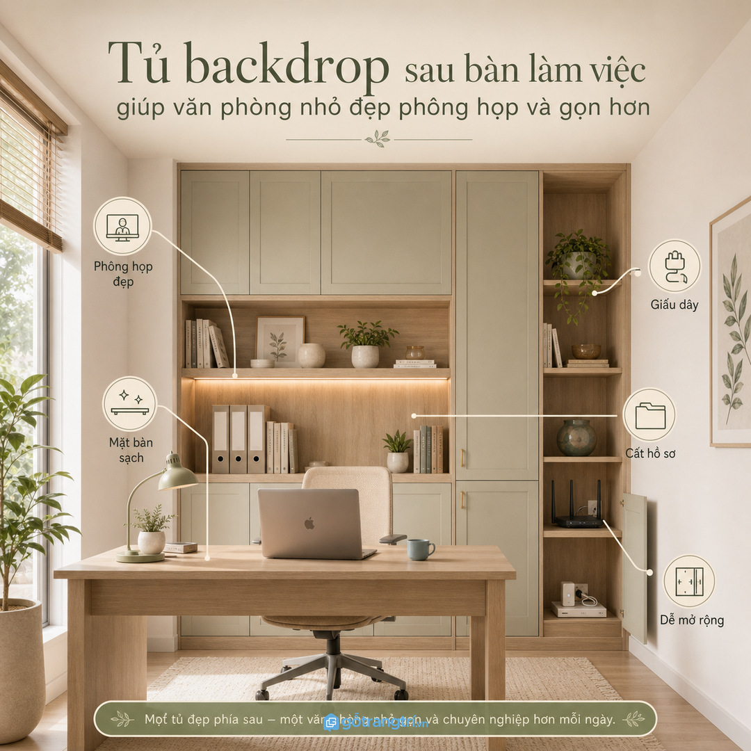 Tủ backdrop sau bàn làm việc giúp văn phòng nhỏ đẹp phông họp và gọn hồ sơ