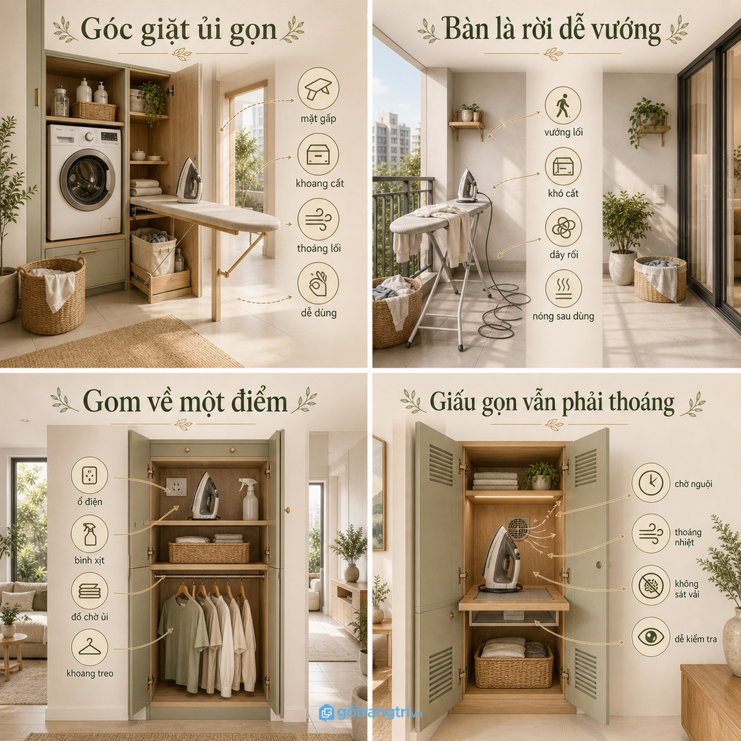 Tủ bàn là gấp âm tường giúp góc giặt ủi chung cư gọn và an toàn hơn