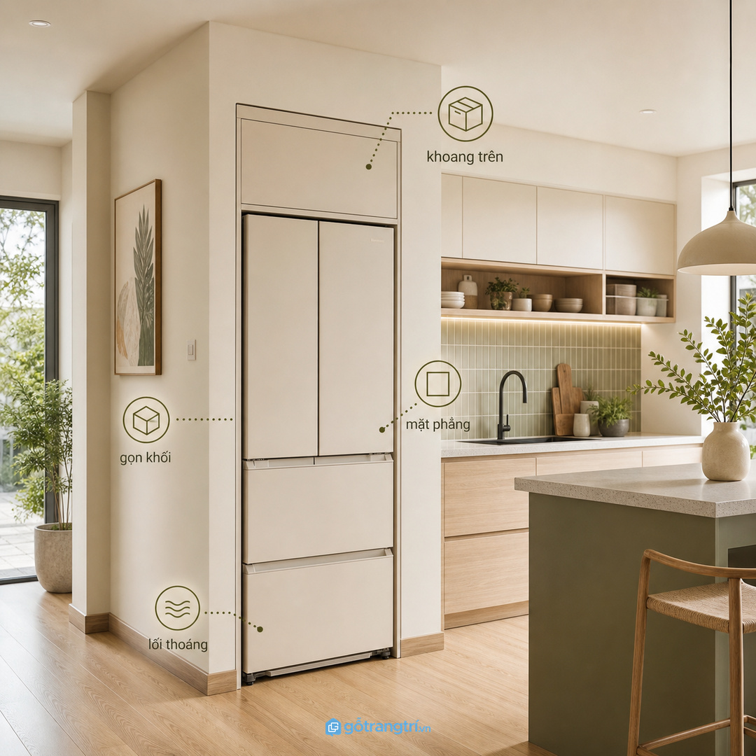 Tủ bao tủ lạnh giúp bếp nhỏ gọn khối thiết bị và đẹp mặt tủ hơn