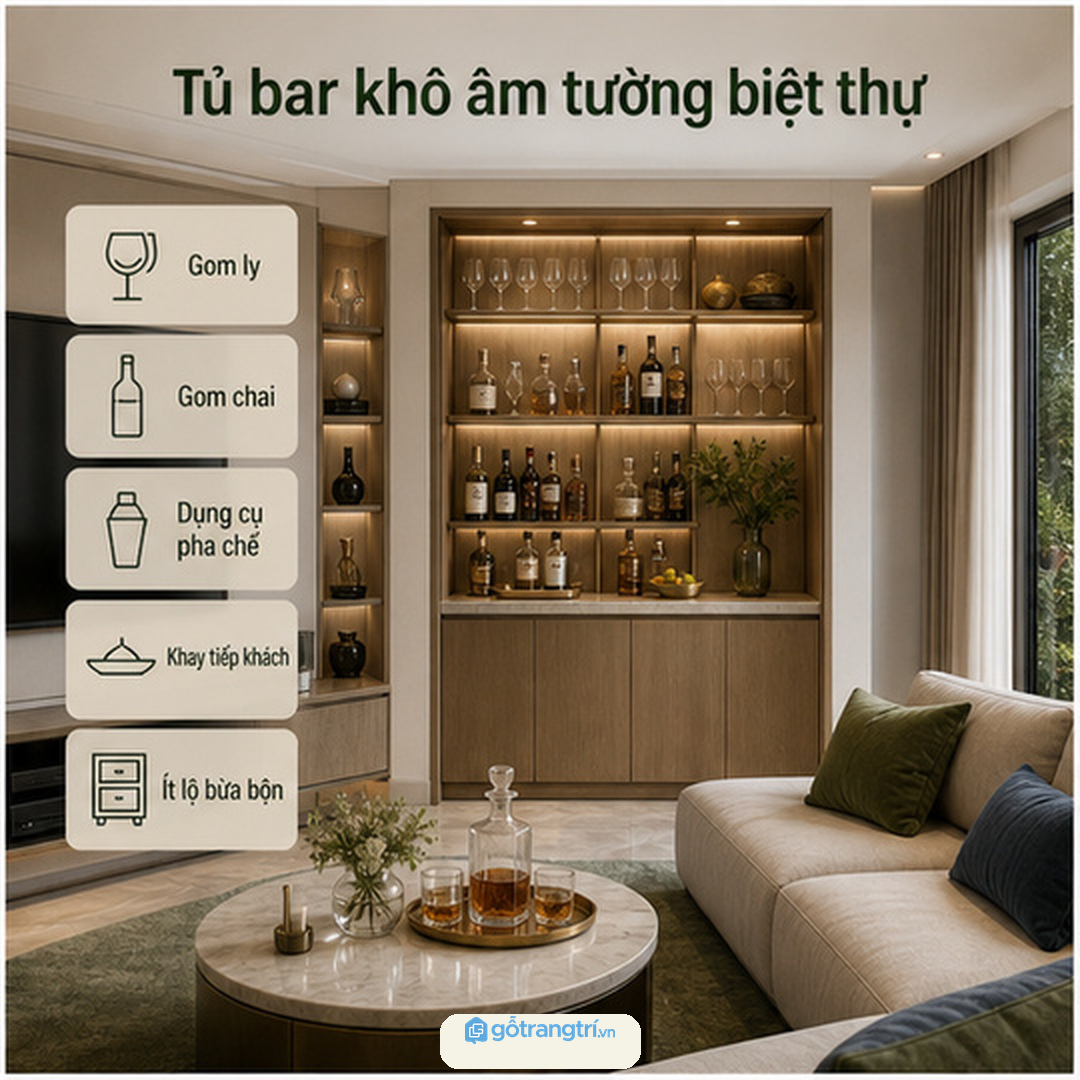 Tủ bar khô âm tường gom ly, chai và đồ tiếp khách trong phòng giải trí biệt thự