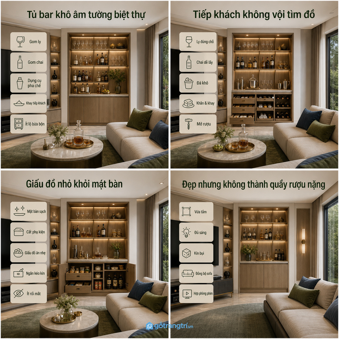 Tủ bar khô âm tường gom ly, chai và đồ tiếp khách trong phòng giải trí biệt thự