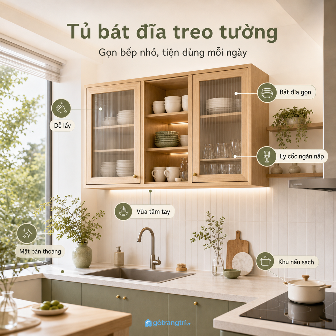 Tủ bát đĩa treo tường giúp bếp nhỏ gọn mặt bàn và dễ lấy đồ hằng ngày