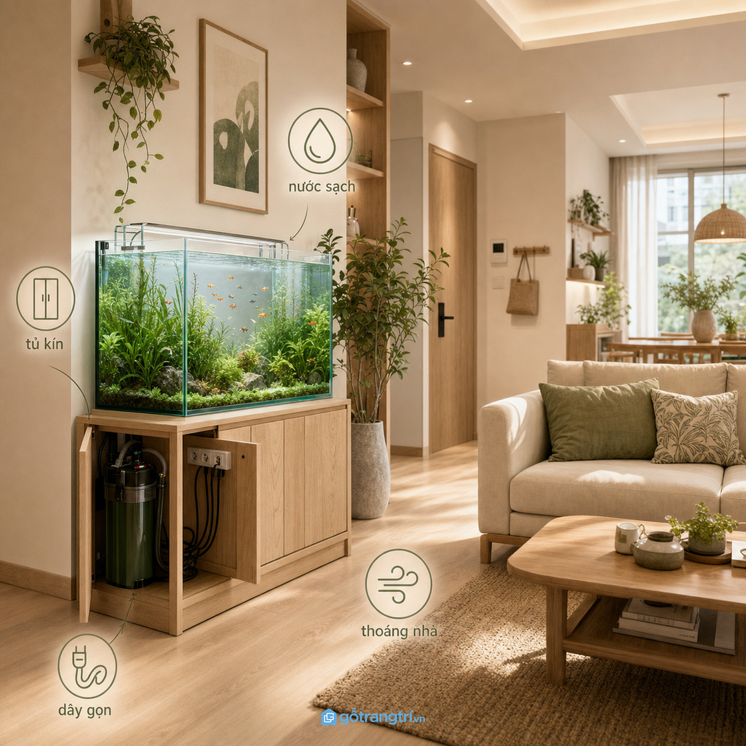 Tủ bể cá phong thủy phòng khách nhỏ giúp tạo điểm nhìn yên mà nhà vẫn gọn