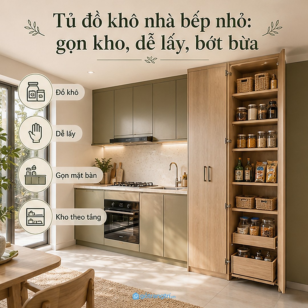 Tủ bếp cao kịch trần cho bếp nhỏ giúp gom đồ bếp cất trữ về một kho gọn và dễ lấy