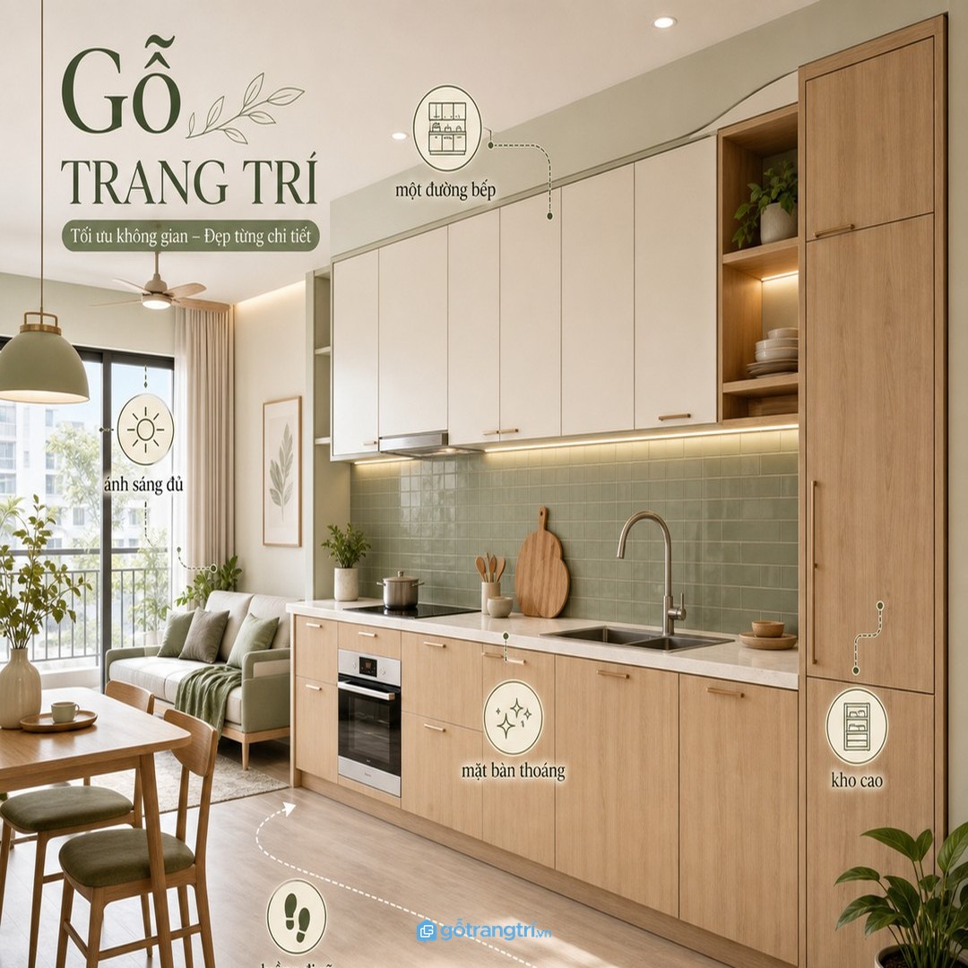 Tủ bếp chữ I cho căn hộ studio gọn một trục, đủ công năng và dễ giữ sạch