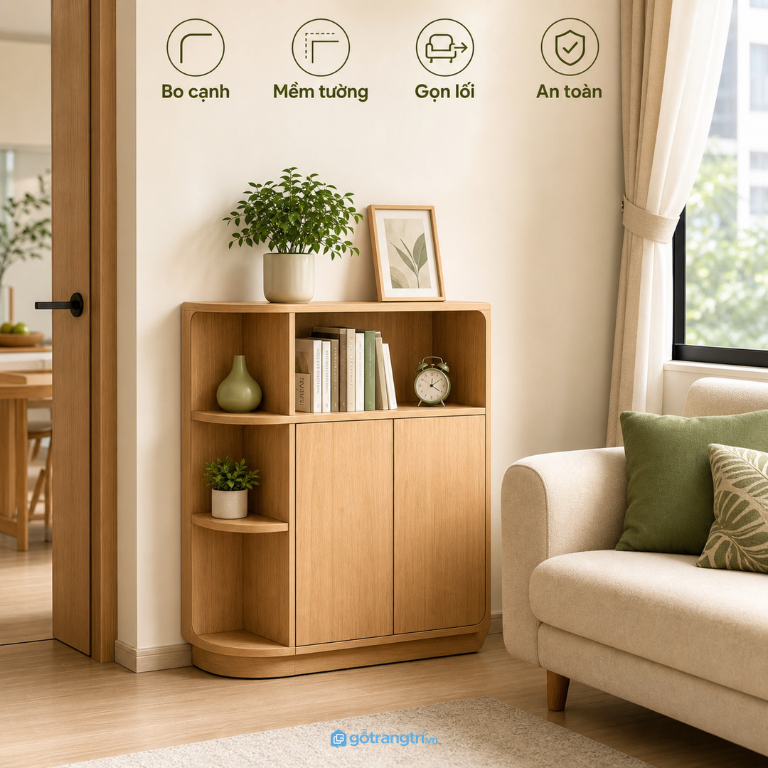 Tủ bo góc che góc nhọn giúp phòng khách nhỏ mềm mảng tường và gọn lối đi