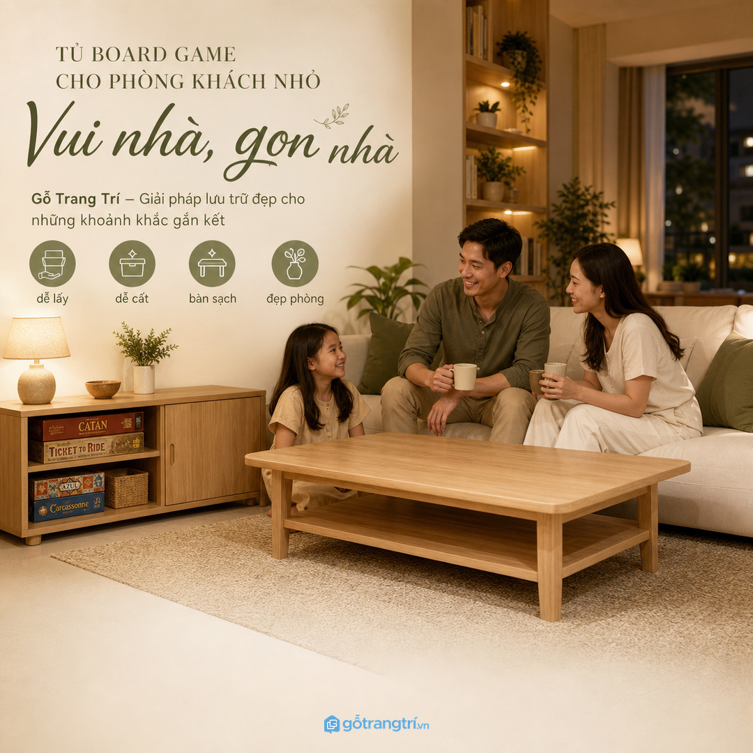Tủ board game giúp phòng khách nhỏ cất gọn trò chơi sau mỗi tối
