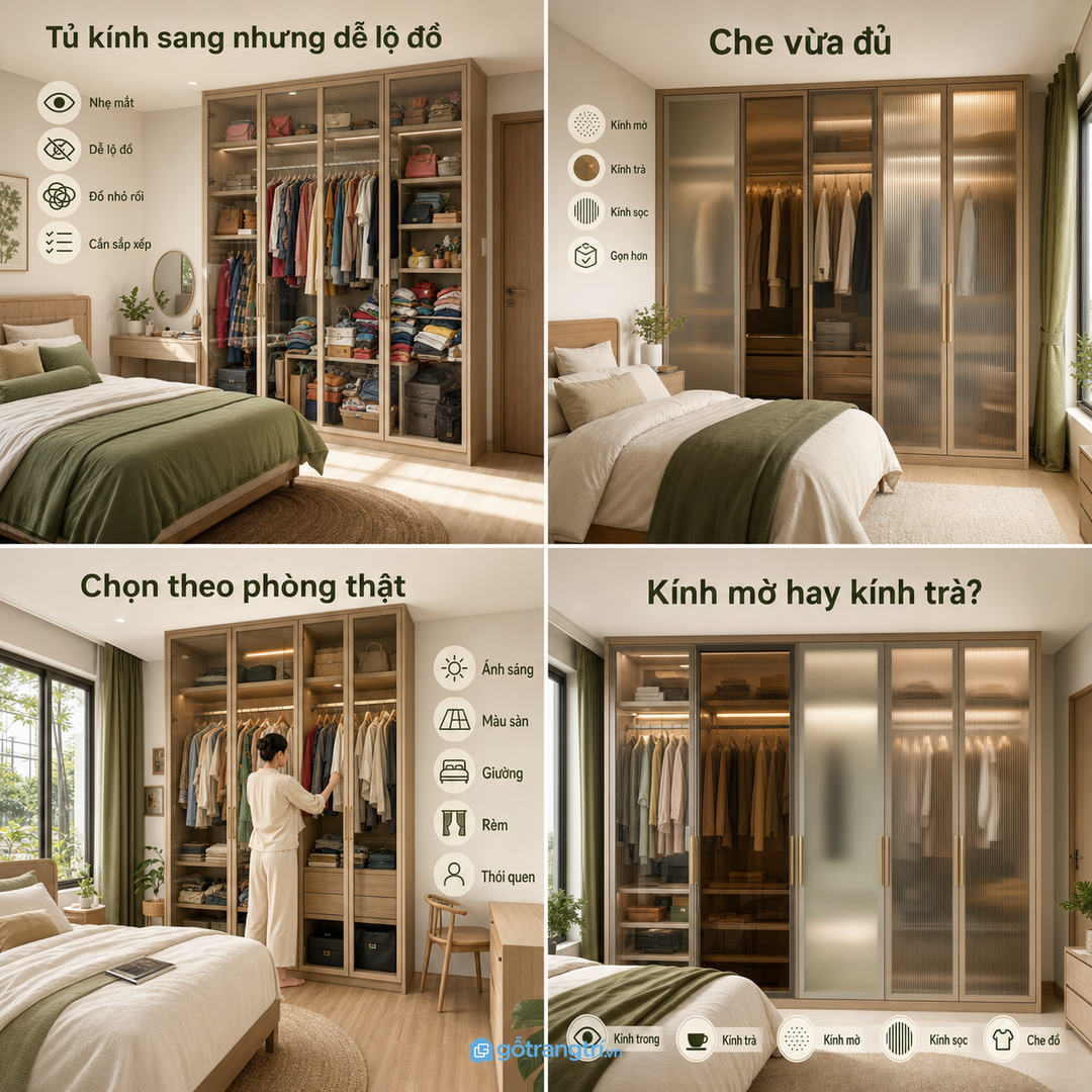 Tủ cánh kính giúp phòng ngủ nhỏ sang hơn nhưng cần giấu đồ đúng cách