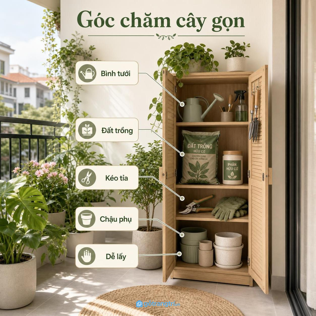 Tủ chăm cây ban công nhà phố gom bình tưới, phân bón và dụng cụ vào một điểm gọn