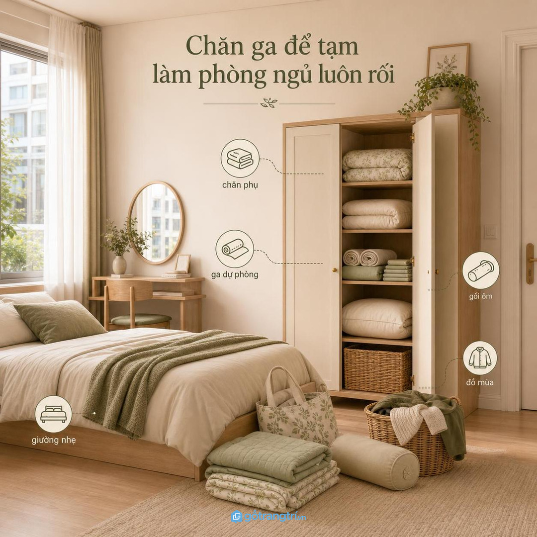 Tủ chăn ga gối giúp phòng ngủ nhỏ cất đồ mùa gọn và giữ giường luôn nhẹ