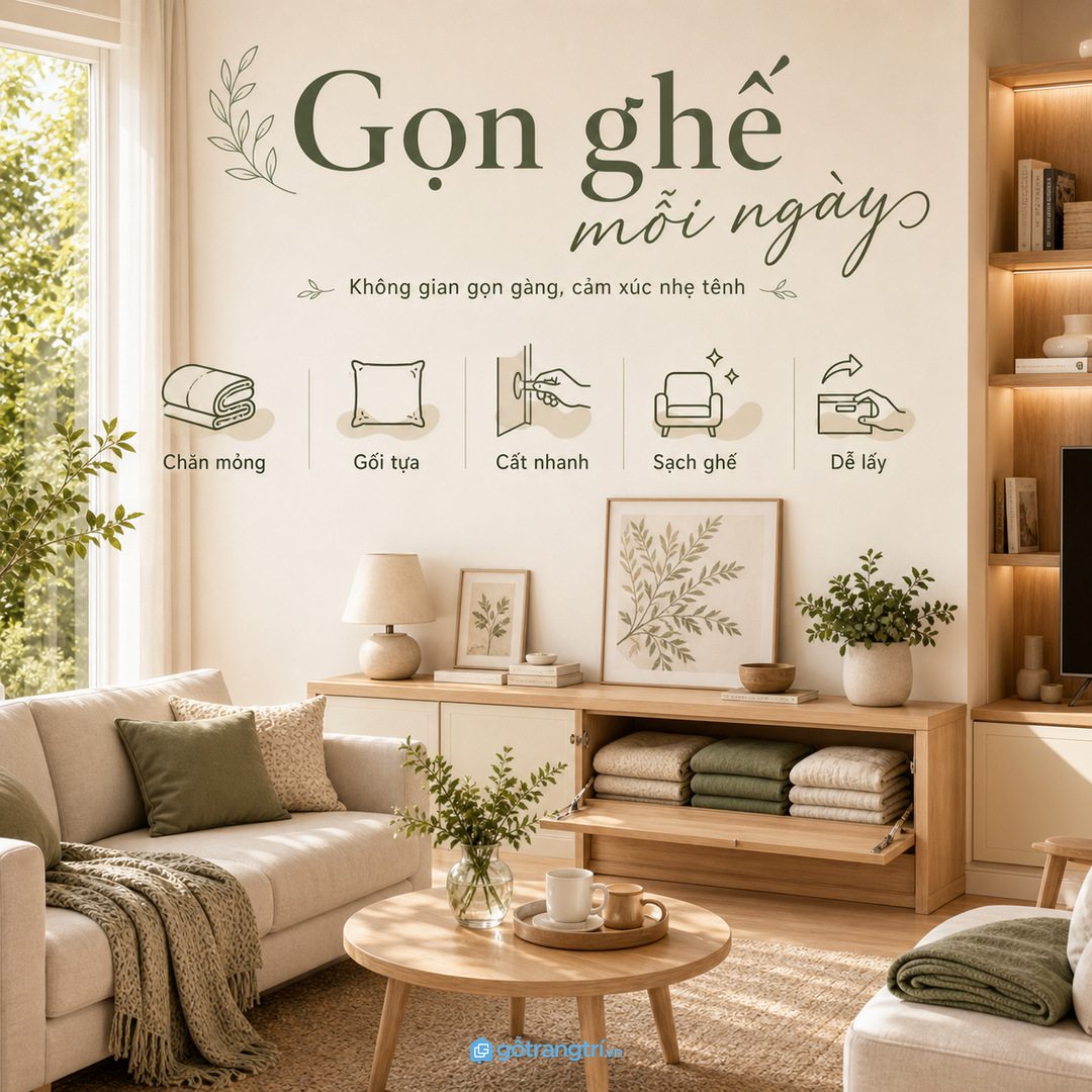 Tủ đựng chăn gối sofa giúp phòng khách nhỏ gọn ghế, sạch phòng và dễ lấy đồ mỗi ngày