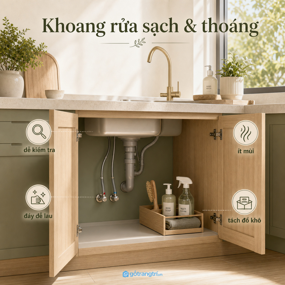 Tủ bếp dưới chậu rửa chống ẩm cần sạch, thoáng và dễ kiểm tra đường nước
