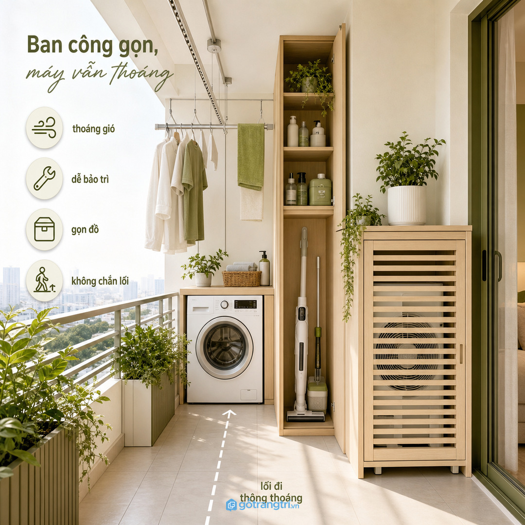 Tủ che cục nóng chung cư giúp gom cục nóng, đường gió và đồ ban công vào một vị trí sạch gọn