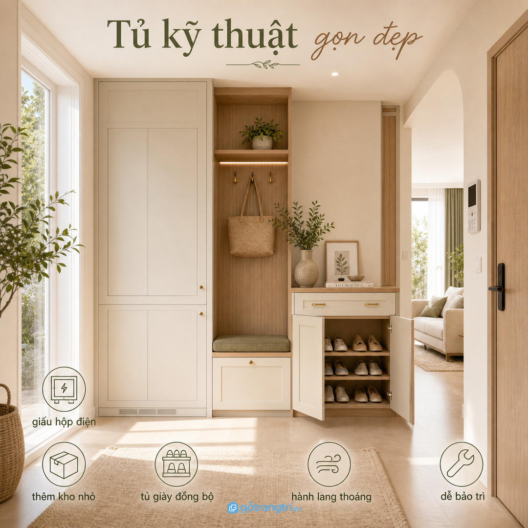 Tủ che hộp kỹ thuật giúp lối vào chung cư nhỏ gọn và đẹp hơn