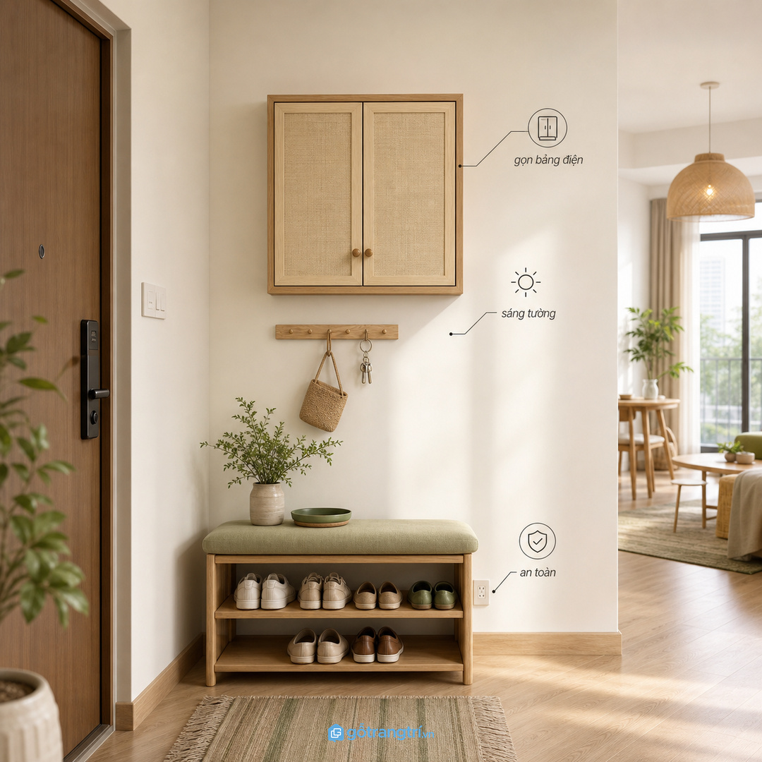 Tủ che tủ điện hợp phong thủy giúp lối vào gọn bảng điện, sáng tường và an toàn
