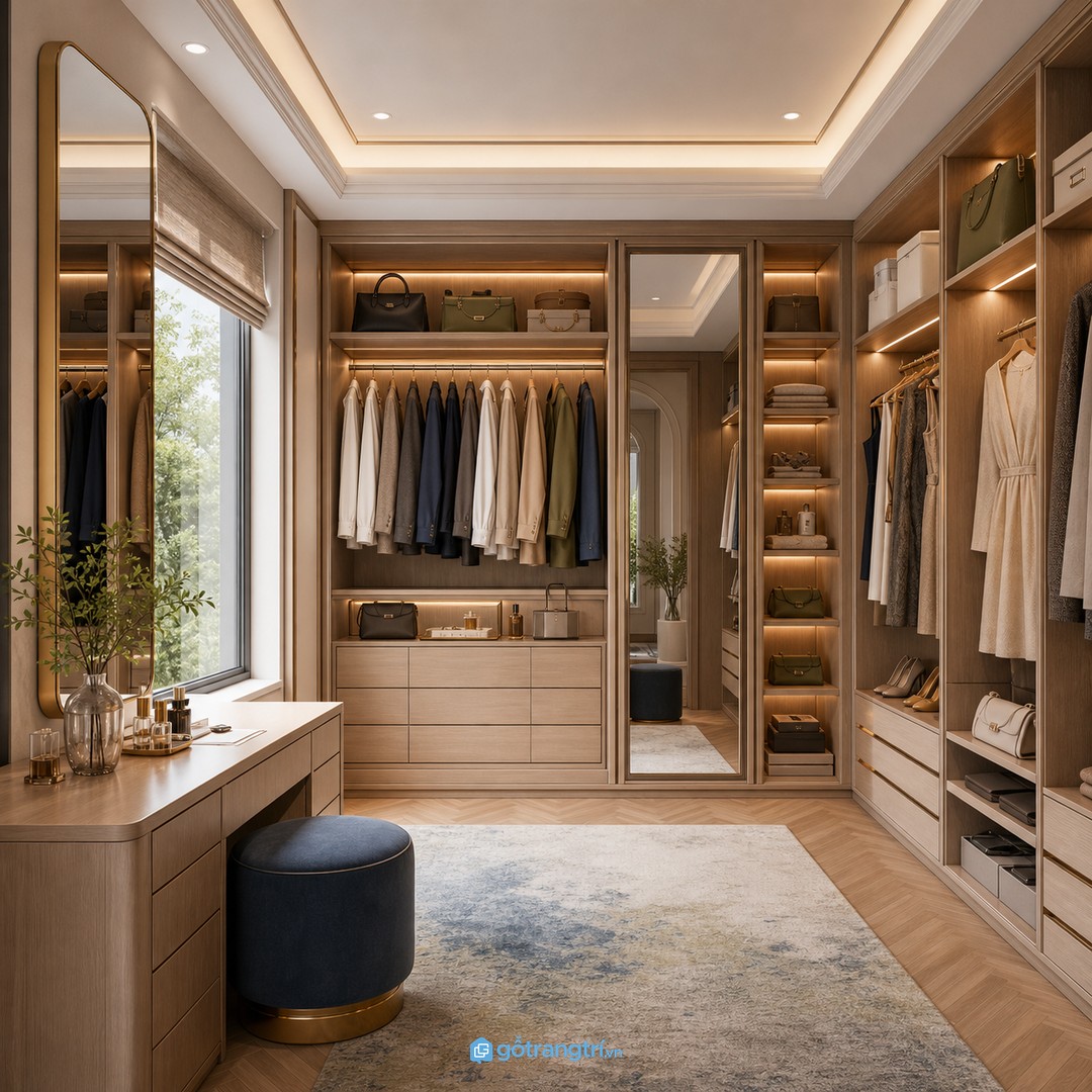 Phòng thay đồ biệt thự cần hệ tủ chữ L gọn lối đi, đủ kho và giữ vẻ sang