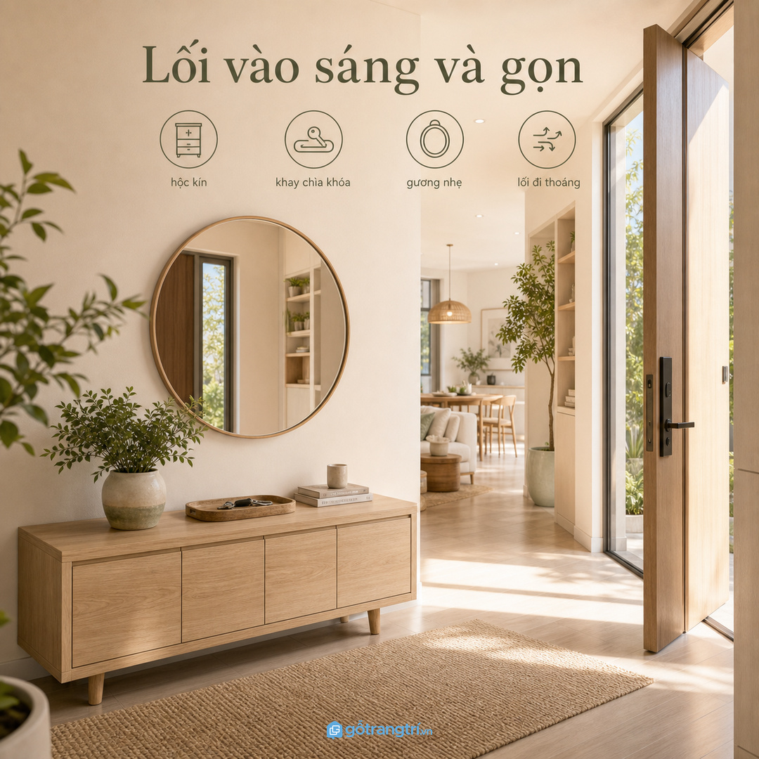 Tủ console lối vào giúp gom đồ nhỏ, giữ cửa sáng và lối đi thoáng