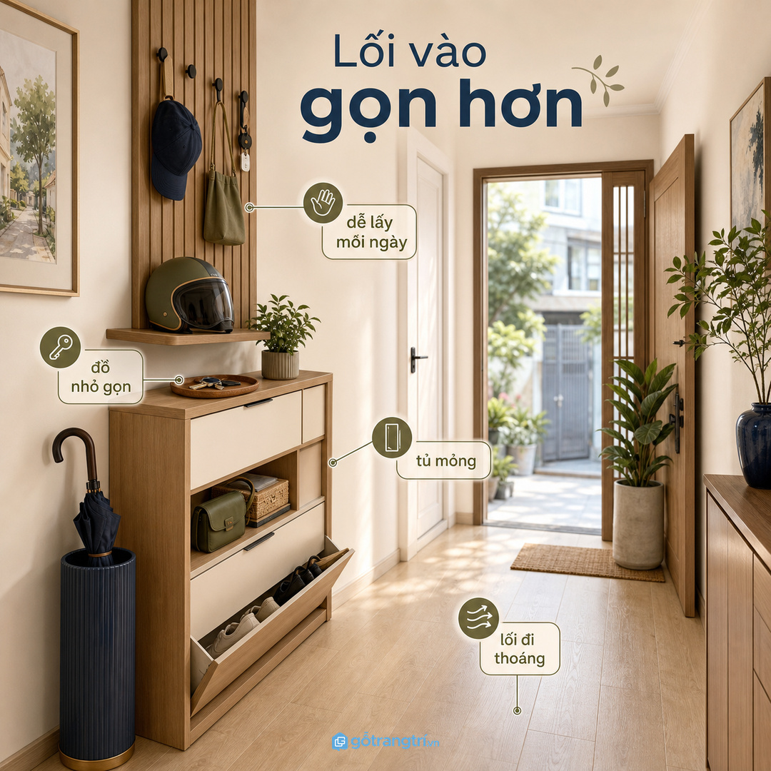 Tủ console lối vào giúp giấu đồ nhỏ và giữ sảnh nhà phố gọn hơn