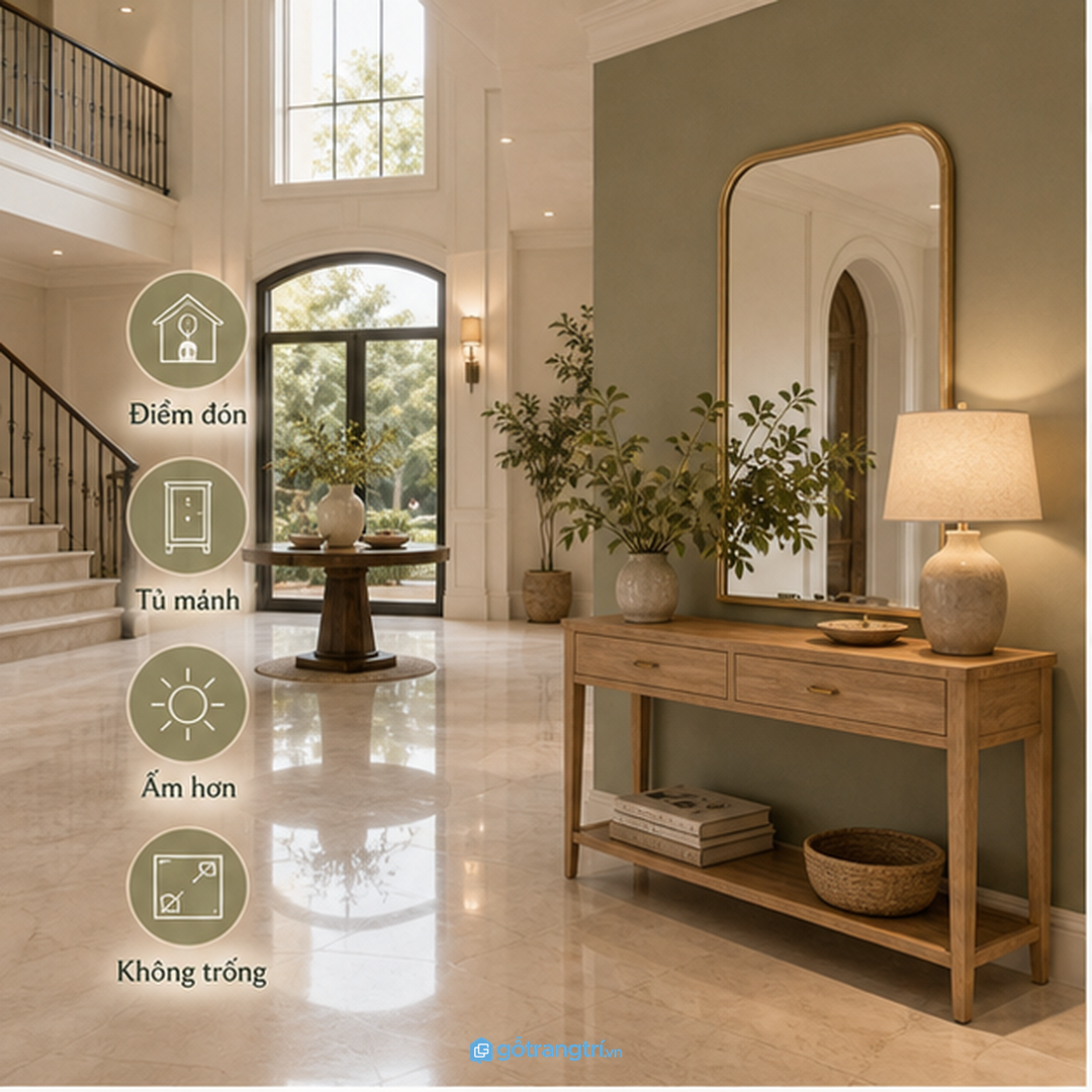 Tủ console sảnh biệt thự giúp lối vào gọn, có điểm nhấn và vẫn sang vừa đủ