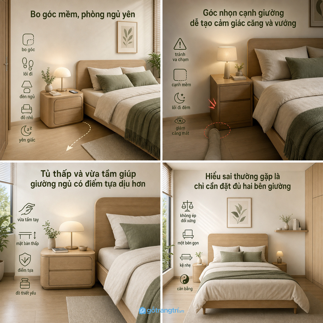 Tủ đầu giường bo góc hợp phong thủy giúp phòng ngủ mềm và an toàn hơn