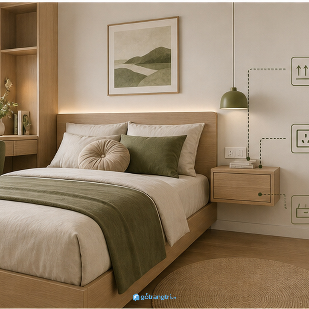Tủ đầu giường treo tường giúp phòng ngủ nhỏ thoáng sàn hơn