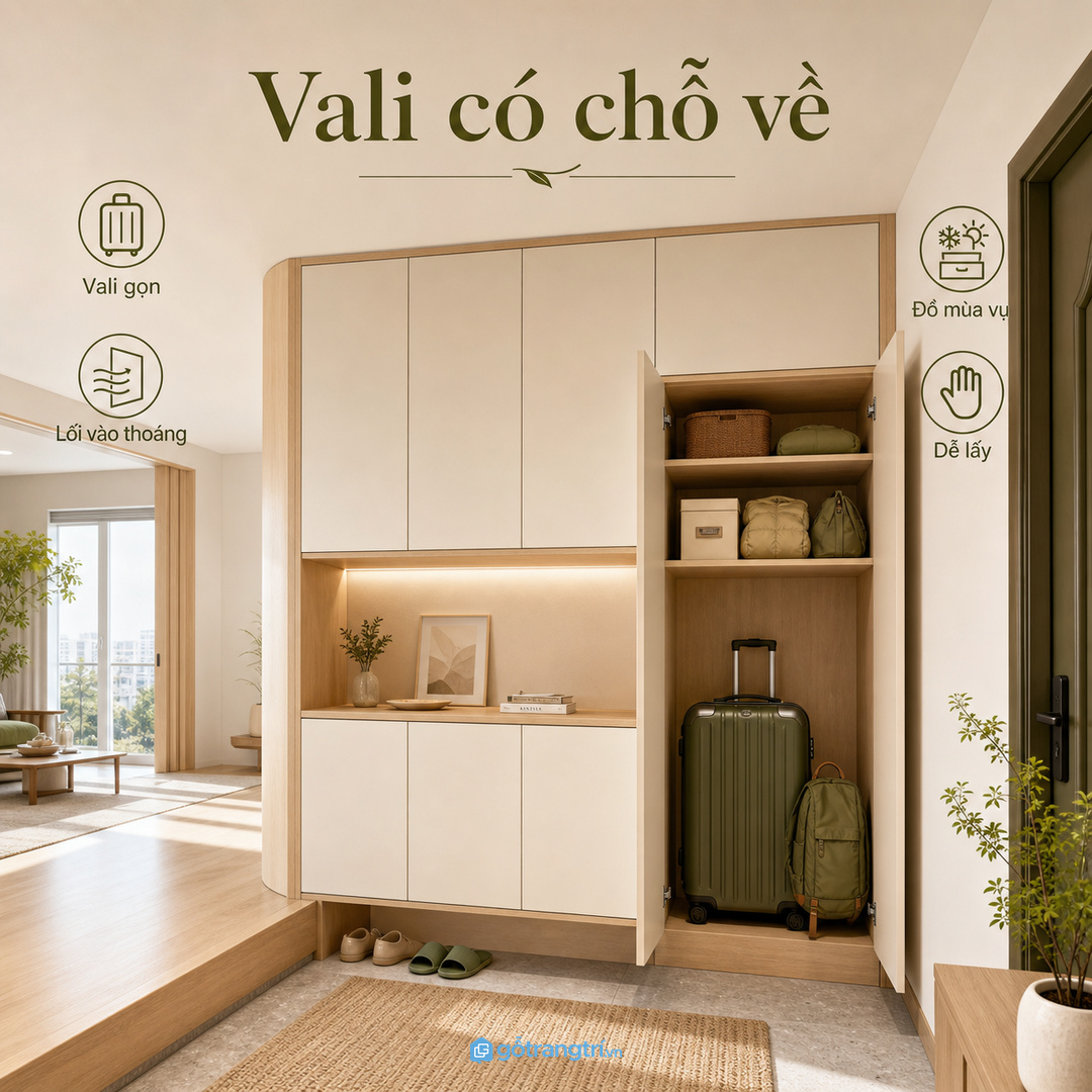 Tủ để vali cho chung cư nhỏ giúp lối vào gọn và đồ du lịch dễ lấy hơn