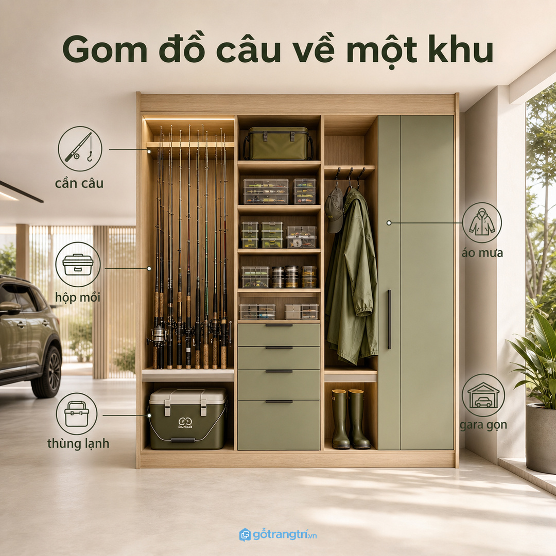 Tủ đồ câu cá biệt thự gom cần câu, hộp mồi và áo mưa về một khu gọn sạch
