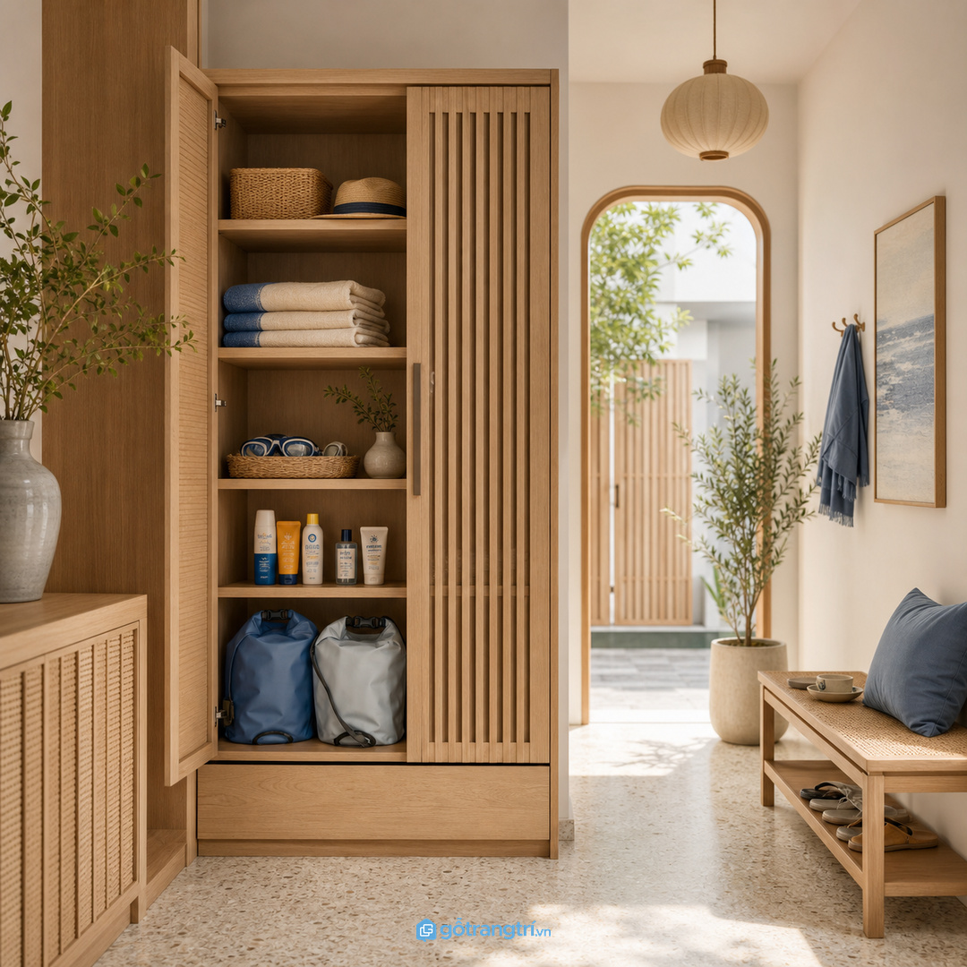 Tủ đồ đi biển đặt gần cửa giúp khăn, dép và túi ướt có chỗ về rõ ràng