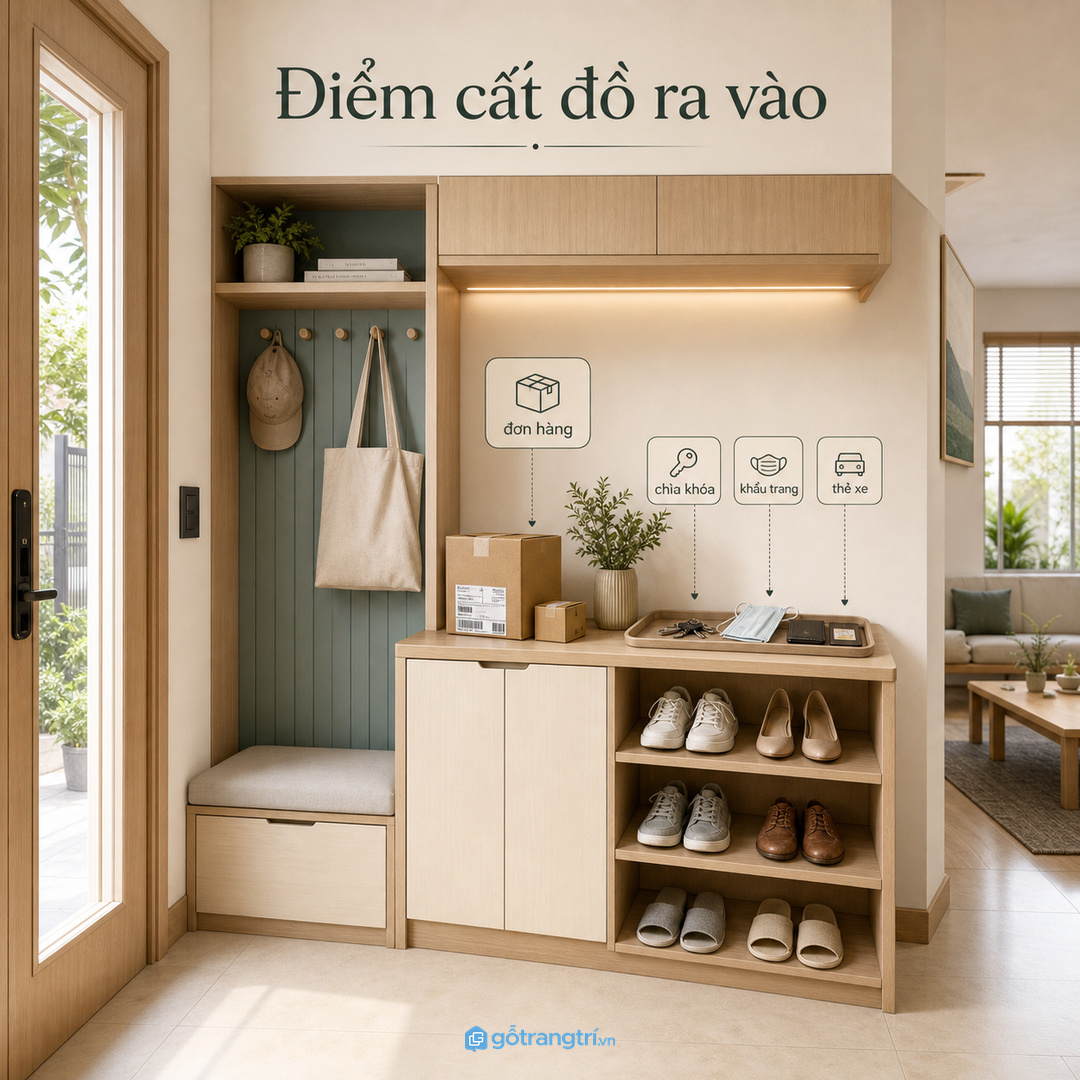 Tủ đồ giao nhận ở lối vào nhà phố giúp gom đơn hàng, chìa khóa và đồ ra vào mỗi ngày