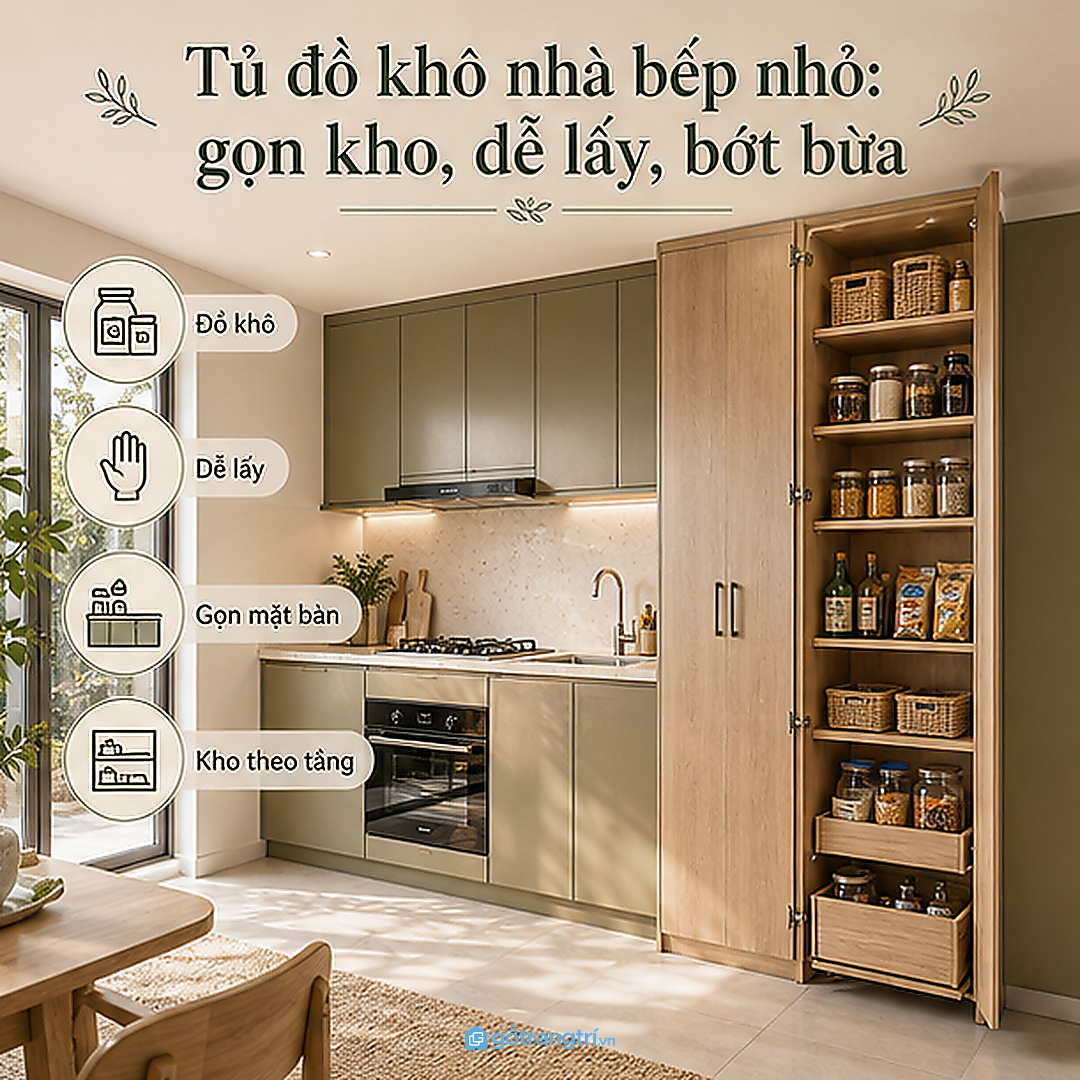 Tủ đồ khô nhà bếp nhỏ giúp gom đồ dự trữ về một kho gọn và dễ lấy