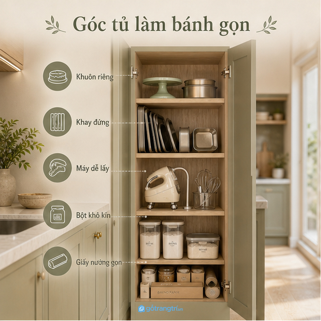 Tủ đồ làm bánh gom khuôn, máy đánh trứng, khay và nguyên liệu khô về một điểm cất sạch