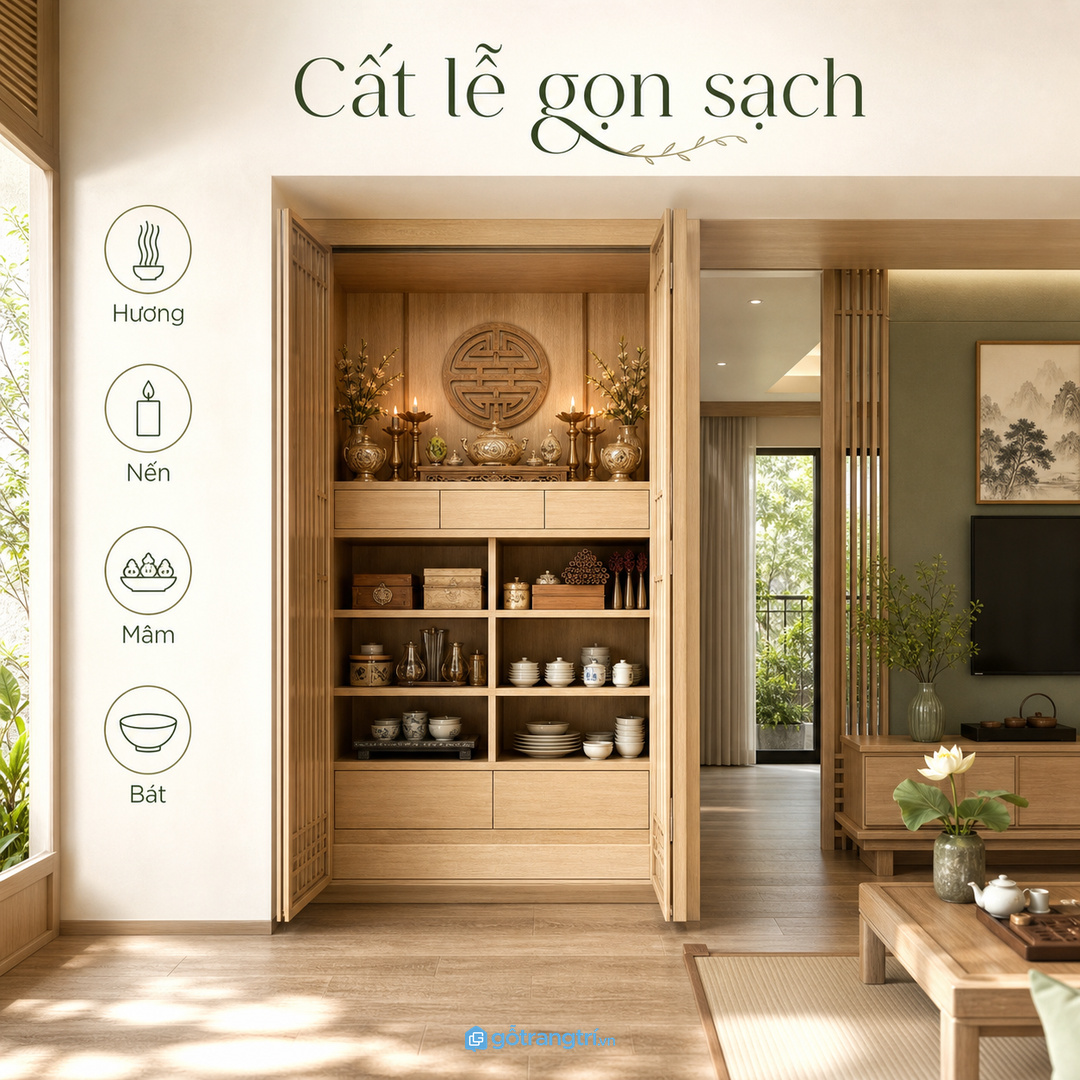 Tủ đồ lễ âm tường gom hương nến, mâm bát và đồ cúng về một điểm cất sạch